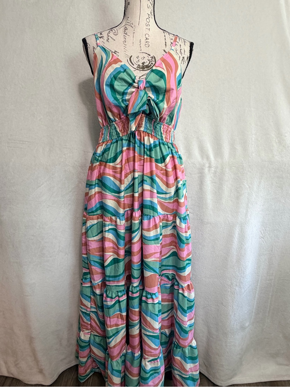 Grace and Emma Boutique Wavy Stripe Pink & Teal Maxi Dress with Front Tie - Picture 4 of 10